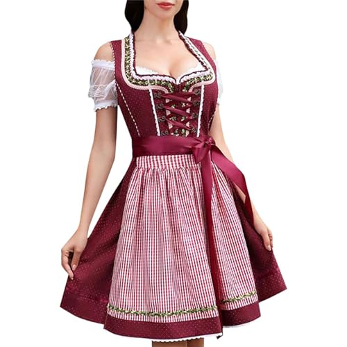 Generisch Dirndl Damen Midi Trachtenkleid Oktoberfest Trachtenrock Dirndlbluse Trachtenmode Kleid Komplettsets Lang mit Blusen und Schürze Spitze in Groß Größen Trachtenblusen Dirndlschürzen S-5XL von Generisch