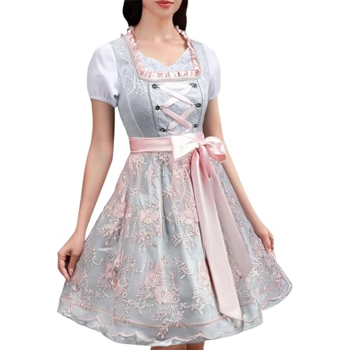 Generisch Dirndl Damen Midi Trachtenkleid Oktoberfest Trachtenrock Dirndlbluse Trachtenmode Kleid Komplettsets Lang mit Blusen und Schürze Spitze in Groß Größen Trachtenblusen Dirndlschürzen S-5XL von Generisch