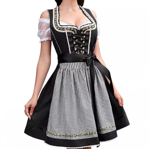 Generisch Dirndl Damen Midi Trachtenkleid inkl. Spitzenschürze für Karneval Oktoberfest Party Kostüm Dirndlkleider Besondere Trachtenmode Für Anlässe Trachtenrock Kleid XS-5XL von Generisch