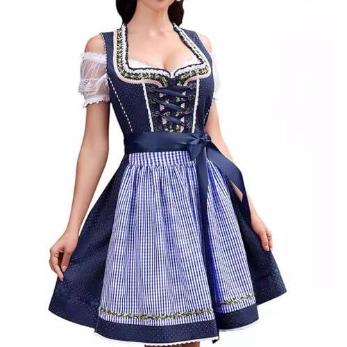Generisch Dirndl Damen Midi Trachtenkleid inkl. Spitzenschürze für Karneval Oktoberfest Party Kostüm Dirndlkleider Besondere Trachtenmode Für Anlässe Trachtenrock Kleid XS-5XL von Generisch