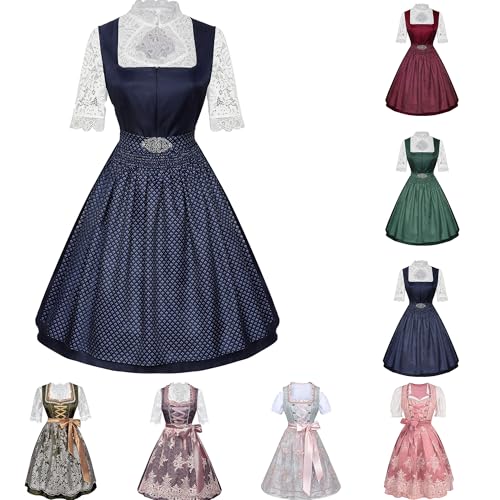 Generisch Dirndl Damen Trachtenkleid Elegante Kleider Midi Lang Dirndl Trachtenmode mit 3 Teilig Schürze Trachten Dirndlbluse Oktoberfest Dirndlkleid Halloween Blau M von Generisch