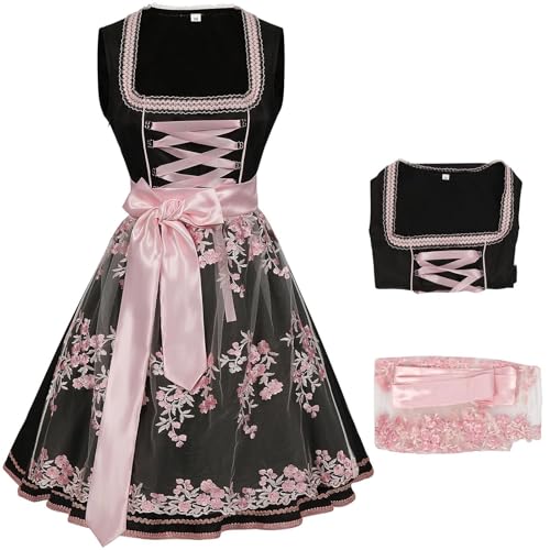 Generisch Dirndl Kleid-Set Damen Midi/Lang – Mit Schleife & Schürze, Trachtenkleid mit Schnürung, Spitze-Detail Blumenmuster – Oktoberfest Bierfest Wiesn Trachten Dress von Generisch