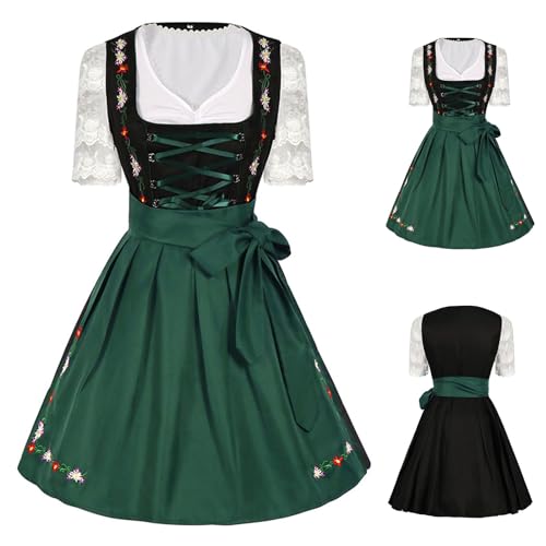 Generisch Dirndl Kleid-Set Damen Midi/Lang – Mit Schleife & Schürze, Trachtenkleid mit Schnürung, Spitze-Detail Blumenmuster – Oktoberfest Bierfest Wiesn Trachten Dress von Generisch