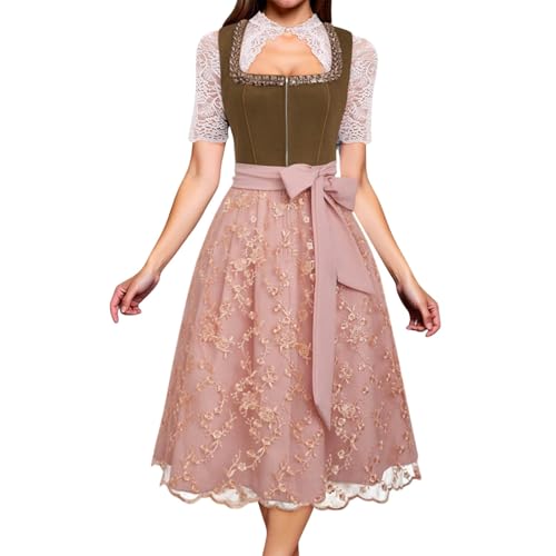 Generisch Dirndl Kleid-Set Damen Midi/Lang – Mit Schleife & Schürze, Trachtenkleid mit Schnürung, Spitze-Detail Blumenmuster – Oktoberfest Bierfest Wiesn Trachten Dress von Generisch