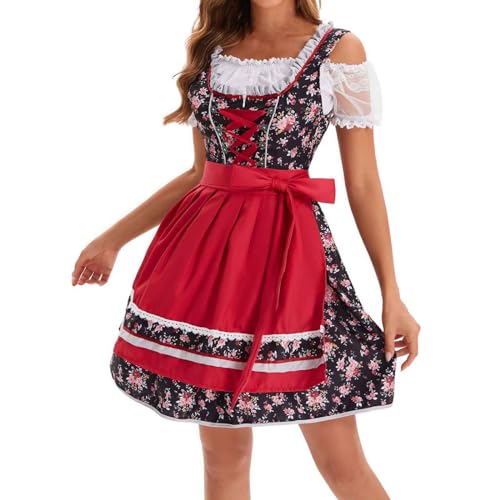 Generisch Dirndl Kurz Damen Damen Kurz-Dirndl mit Schleife, Spitzenbesatz & floralen Akzenten – figurschmeichelnd für Oktoberfest & Volksfest Rot von Generisch