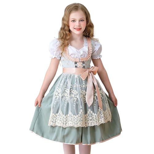 Generisch Dirndl grün, Dirndl Mädchen Mittelalter Kleidung Kinderdirndl Oktoberfest Kostüm Outfit Trachtenkleid Oktoberfestkleid Trachtenmode, Grün, 150 von Generisch