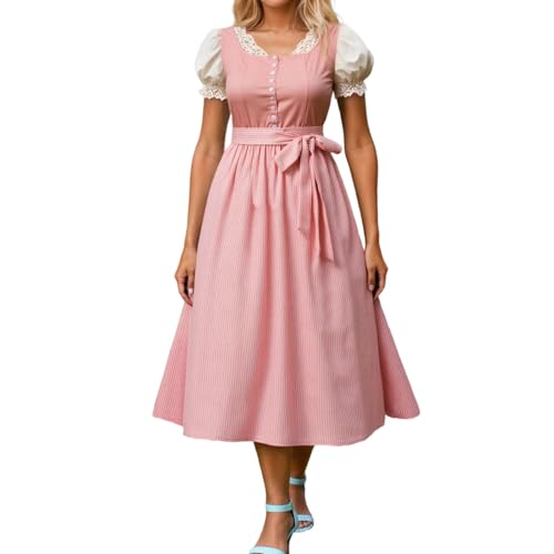 Generisch Dirndl mit Taste Vorne, Dirndl für Damen Lang Oktoberfest Outfit Große Größen Trachtenkleid Elegant Retro Kleider Festlich Dirndlkleid Einfaches mit Bindeseil U-Ausschnitt Dirndelkleider von Generisch