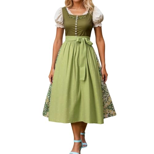 Generisch Dirndl mit Taste Vorne, Dirndl für Damen Lang Oktoberfest Outfit Große Größen Trachtenkleid Elegant Retro Kleider Festlich Dirndlkleid Einfaches mit Bindeseil U-Ausschnitt Dirndelkleider von Generisch