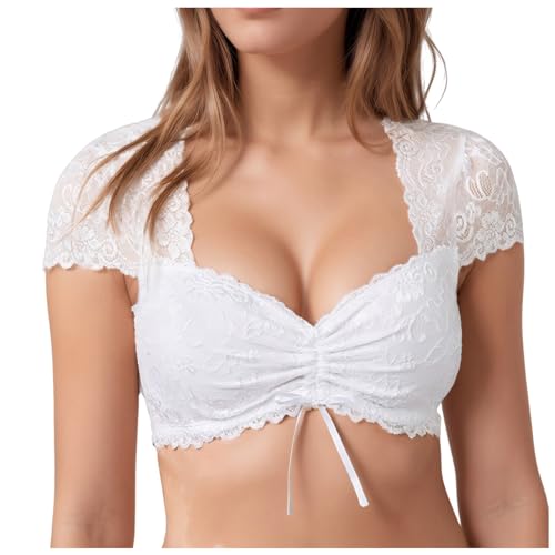 Generisch Dirndlbluse Damen Spitze Trachtenbluse Weiß V-Ausschnitt Kurzarm Elegante Halbarm Oktoberfest Kostüm Dirndlblusen Spitzenbluse von Generisch