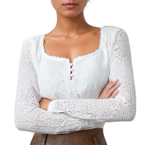 Generisch Dirndlbluse Damen Spitze Weiß–Kurzarm & Langarm Trachtenbluse Crop Top Bauchfrei Carmen Off-Shoulder–Oktoberfest Bierfest Wiesn Bluse für Dirndl & Lederhose(016,M) von Generisch