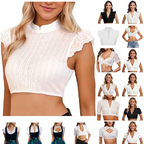 Generisch Dirndlbluse Damen mit Spitzenbesatz und Rüschenärmel, Traditionelle Trachtenbluse für Oktoberfest Karneval, Leichte Kurz V Ausschnitt Bluse, Elegante Brautjungfer oder Bierfest Oberteil von Generisch