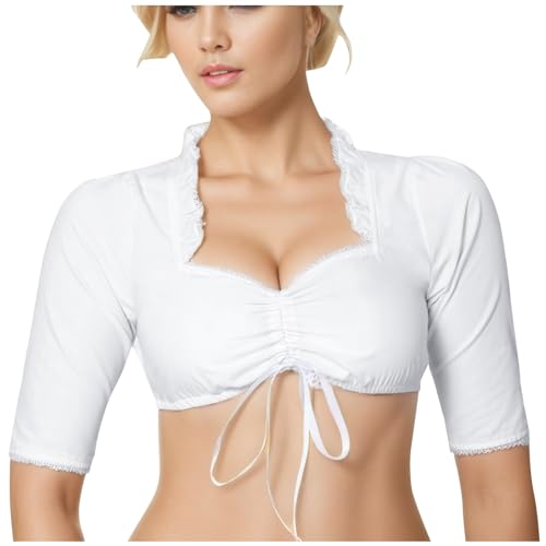 Generisch Dirndlbluse Langarm Trachten Damen Bluse kariert blusenshirt schwarz lang Bluse Dirndl weiß schlicht Dirndlbluse hochgeschlossen Damen Dirndlbluse Weiss Spitze 3/4 arm v Ausschnitt von Generisch