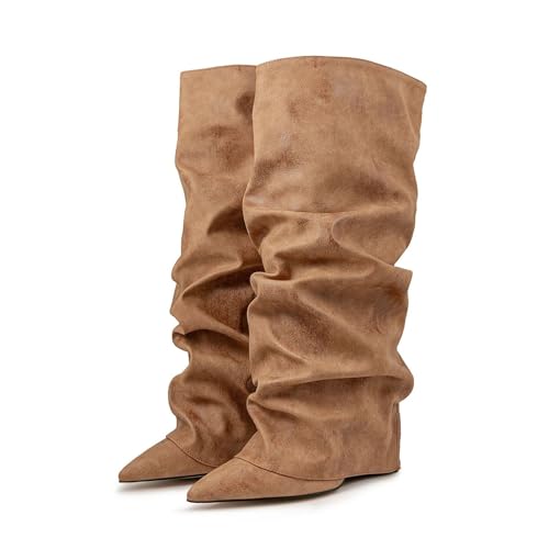 Generisch Dirndlschuhe Damen, Fold Over Stiefel Damen Plissierte Faltstiefel Keilabsatz - PU/Wildleder Knie High Boots Casual Stiefeletten Cowboystiefel Halbhoch Damenstiefel, 38/EU, Braun von Generisch