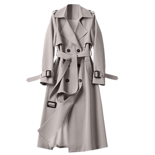 Generisch Discounter Trenchcoat Damen Lang Winddichter Übergangsjacke Plus Size Jacke mit Gürtel Double Breasted Mantel Leichte Revers Windjacke Einfarbig Übergangsmantel Klassische von Generisch