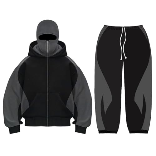 Generisch Doppelkappe Tracksuits Herbst Winter Herren Damen Kapuzenpullover mit Reißverschluss & Jogginghose Set Y2K Retro Sport Casual Loose Sportanzüge Schwarz Set S von Generisch