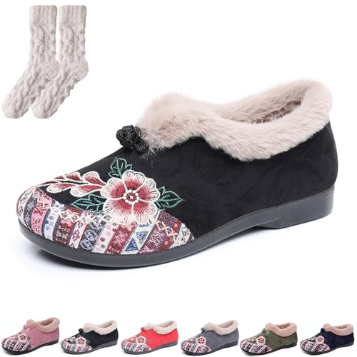Generisch Dritnow Boots, Women’s Warm Floral Embroidered Winter Shoes, Cozy, Lightweight & Non-Slip Everyday Shoes for Women (Black,37) von Generisch