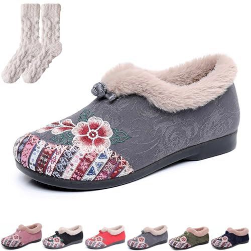 Generisch Dritnow Boots, Women’s Warm Floral Embroidered Winter Shoes, Cozy, Lightweight & Non-Slip Everyday Shoes for Women (Gray,40) von Generisch