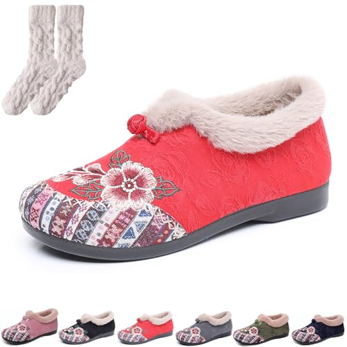 Generisch Dritnow Boots, Women’s Warm Floral Embroidered Winter Shoes, Cozy, Lightweight & Non-Slip Everyday Shoes for Women (Red,42) von Generisch