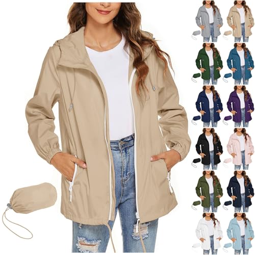 Generisch Dünne Jacke Damen Regenjacke Damen Wasserdicht Leicht Regenmantel Faltbar Windbreaker Dünne Packbar Reisen Fahrrad Regenjacken Windjacke Beige von Generisch