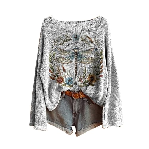 Generisch Dünne Pullover Damen Y2k Strickpullover Lässige Rundhals Boho Langarm Retro Häkelpullover Elegantes Oberteile Stricken Langarmshirt von Generisch