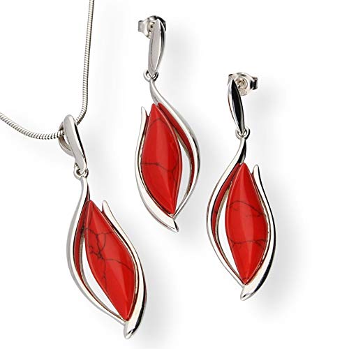 Generisch Echtes 925 Silber SCHMUCKSET mit Koralle, Rot, ANHÄNGER + Ohrhänger inkl. ETUI von Generisch
