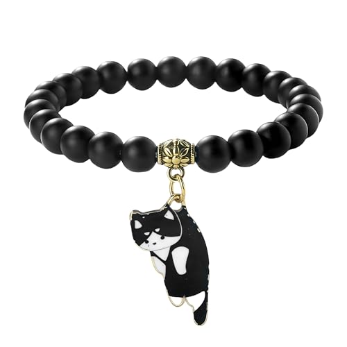 Generisch Edelstein Armband,8 Mm Natürliche Stretch-Perlenarmbänder,Cartoon-Haustier-Katzen-Anhänger-Schmuck,Glücksbringer Für Frauen Und Männer,Schwarz Matt von Generisch