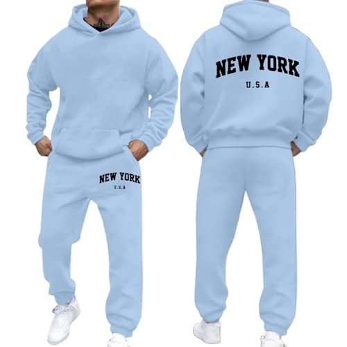 Generisch Einfarbig New York Hoodie Set Herren Leichte Outdoor Jogginganzug Set Lockeres Bequeme Jogginghose Trendige Kapuzen Sweatshirt im Fallen und Winter(Sky Blue,M) von Generisch