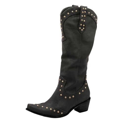 Generisch Einfarbige Lange Cowboystiefel aus für Damen mit dickem Absatz Damen Schwarz Flach Elegant (Black, 37) von Generisch