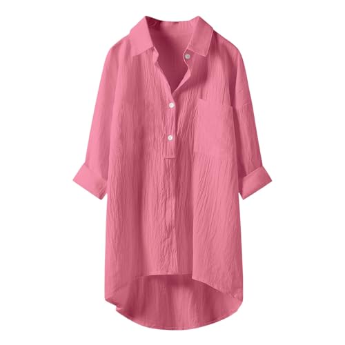 Generisch Elegante Blusen,Langarm Bluse Musselin Bluse Leinen Baumwolle Longbluse Sommerblusen Damen Leicht und Luftig mit Button-Down Sommer Freizeithemd Elegant Einfarbig Tops mit Brusttaschen von Generisch