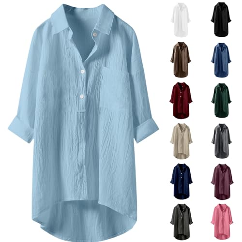 Generisch Elegante Blusen,Langarm Bluse Musselin Bluse Leinen Baumwolle Longbluse Sommerblusen Damen Leicht und Luftig mit Button-Down Sommer Freizeithemd Elegant Einfarbig Tops mit Brusttaschen von Generisch