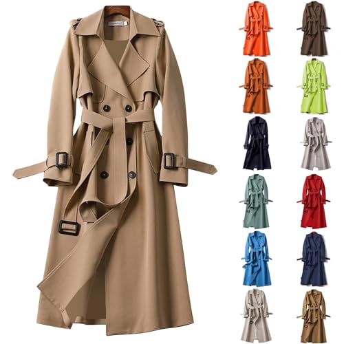 Generisch Eleganter Übergangsmantel Damen Leicht Langschaft Trenchcoat | Winddichter Overknee Trenchcoat mit Gürtel Herbst Frühling Klassische Mantel Einfarbig Reverskragen Windjacke Outdoor Jacke von Generisch