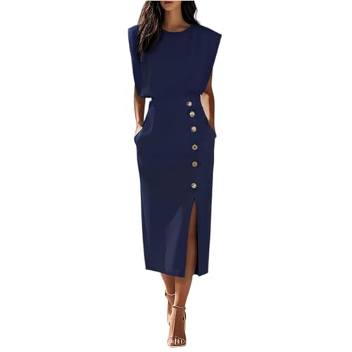 Generisch Elegantes Etuikleid Mit Seitenschlitz & Knopfdetails Für Hochzeitsgäste & Festliche Anlässe Langarm-Midikleid Mit Taschen Business Cocktailkleid (Navy, XL) von Generisch
