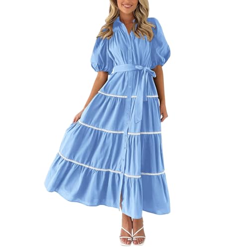 Generisch Elegantes Kleid Damen Sommer Button Down Hemdkleid Lang Puffy Ärmel Tiered Ruffle Spitzenbordüre Flowy Lange Maxikleider von Generisch