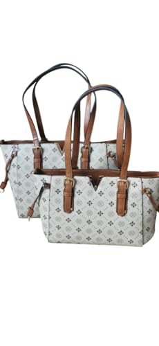 Generisch Eurogirls EUGS Designer Handtasche für Damen, Schwarz-Gold Monogramm Muster, Kunstleder Shopper mit Schulterriemen, 2er-Set Umhängetaschen (Hell Grau) von Generisch