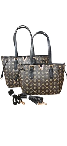 Generisch Eurogirls EUGS Designer Handtasche für Damen, Schwarz-Gold Monogramm Muster, Kunstleder Shopper mit Schulterriemen, 2er-Set Umhängetaschen (Schoko) von Generisch
