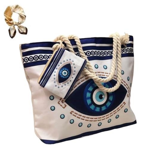 Generisch Evil Eye Beach Tote Bag,Handmade Canvas Shoulder Bag with Mini Pouch,Large Capacity Women's Underarm Satchel von Generisch