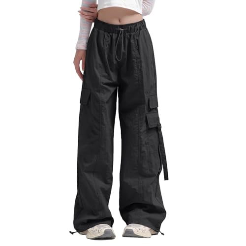 Generisch Fallschirmhosen Damen Baggy Mit Taschen Und Kordelzug Cargohose Casual High Waist Weite Bein Y2K Streetwear Lange Hosen Oversize Vintage Sweathose Niedrige Taille Einfarbige von Generisch