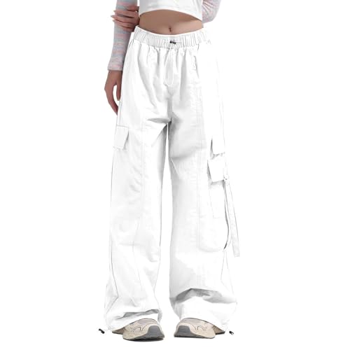 Generisch Fallschirmhosen Damen Baggy Mit Taschen Und Kordelzug Cargohose Casual High Waist Weite Bein Y2K Streetwear Lange Hosen Oversize Vintage Sweathose Niedrige Taille Einfarbige von Generisch