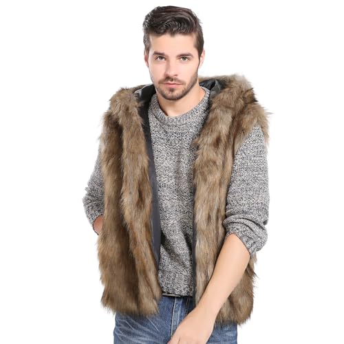 Generisch Fellweste Herren Winter Kunstfell Weste Ärmellos Winterjacke mit Kapuze Thermal Wintermantel Kunstpelz Pelzweste Warm Plüsch Pelzmantel Modisch Einfarbig Felljacke Outdoor Pelzjacke von Generisch