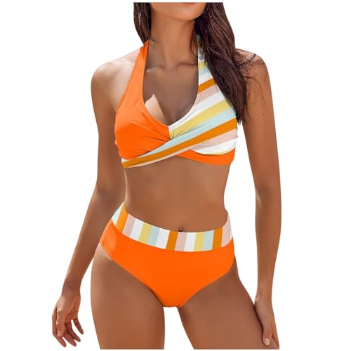 Generisch Festival Outfit Damen, Bikini-Set Mit Hoher Taille Zweiteilig Farbblockierung Floral Bedruckt Brustkreuz Bikini Badebekleidung Tan Through Bikini Durchbräunend Bikini Set (XL, Saffron) von Generisch