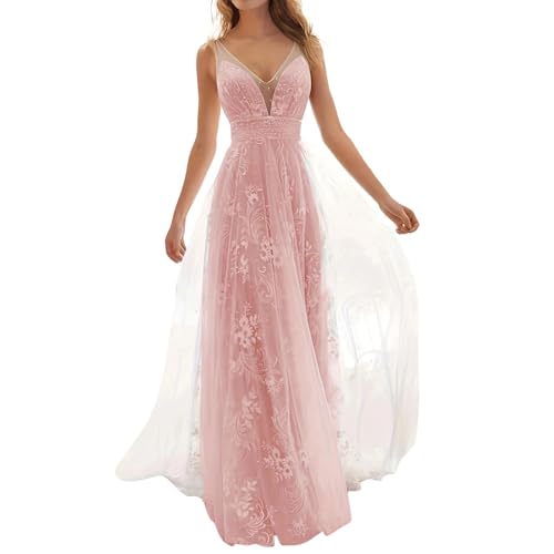 Generisch Festliche Kleider für Damen Abendkleid Damen Lang V Ausschnitt Boho Kleid Frauen Cocktailkleid Elegant für Hochzeit Abschlusskleid Spitzenkleid Ballkleider Frauen ärmellos Abiballkleider von Generisch