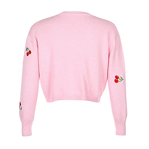 Generisch Festlicher Pullover Damen Weihnachten Top für Frauen Mantel Cardigans Kirschen Stickerei Langarm-V-Ausschnitt Pulli mit ausgeschnittenem Pulli Pullover Reißverschluss Damen (Pink, S) von Generisch