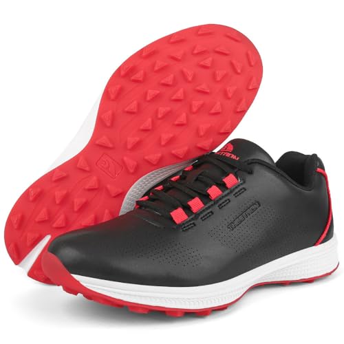 Generisch Festnägel Knopf Golfschuhe Bequeme wasserdichte Sportschuhe Golfschuhe für Männer (Schwarz Rot,45) von Generisch