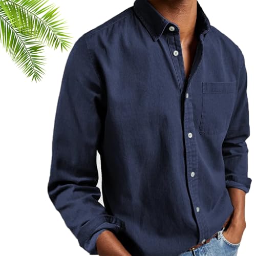 Generisch Ffmani Herrenhemden, lässiges Baumwoll-Basic-Hemd, einfarbiges Leinen-Langarmhemd mit Button-Down-Revers und Tasche (Marine,XL) von Generisch