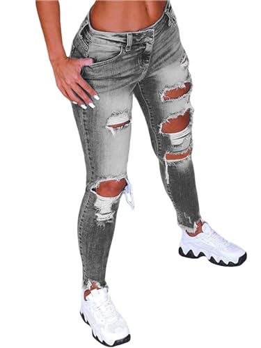 Generisch Figurnahe Damen Jeans Hose Mit Rissen Und Löchern Bequeme Stretch Denim Pants In Schwarz Blau Oder Grau Grau S von Generisch