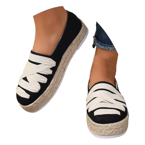 Generisch Flache Schuhe Für Damen, Espadrilles Für Damen&Herren Segelschuhe Atmungsaktiv Sommerschuhe Keilabsatz Strohschuhe Leinenschuhe Schwarz Barfußschuhe Keilpumps Freizeitschuhe von Generisch