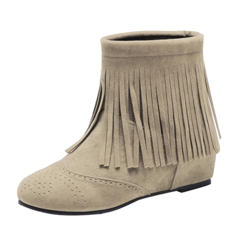 Generisch Flache Stiefeletten Damen Westernstiefel Veloursleder Niedrige Absätze Fransenstiefel Plateau Ankle Boots Knöchelstiefel Winter Schlupfstiefel Elegant Schuhe von Generisch
