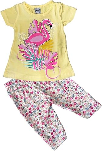 Generisch Mädchen T-Shirt und Kurzleggings Größe 92-116 Flamingo Sommerset Bluse 100% Baumwolle Kinder Tshirt T Shirt (Gelb; 104-110) von Generisch