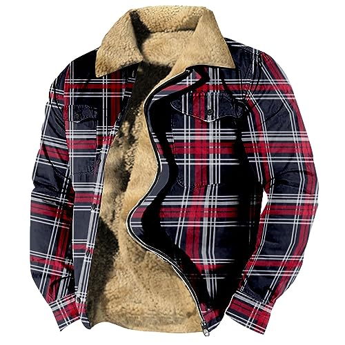 Generisch Flanell Jacke Reißverschluss, Herren Karo Kariert Hemdjacke Fleece Gefüttert Winterjacke Mit Reißverschluss Karrierte Jacket Für Holzfäller Hemd Rot Steppfutter (L, Dark Blue) von Generisch