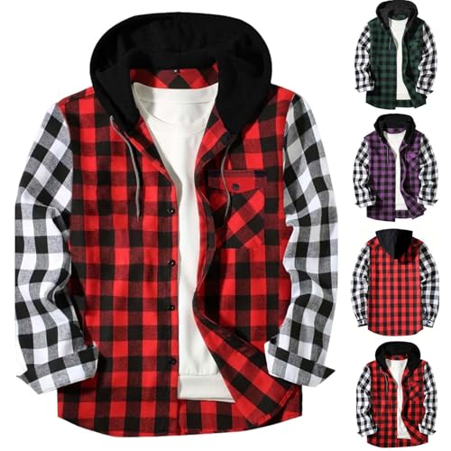Generisch Flanellhemd Herren mit Kapuze Kariert Flanell Jacke übergangsjacke mit Tasche Locker Kapuzenjacke Freizeit Jacken Atmungsaktiv Freizeitjacke Leichtes Outdoor Jackets 01 Rot XXL von Generisch
